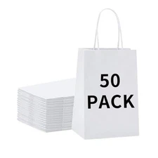  50 Pack 5.9x3.1x8.25 Inch Gift Bags with Handles,Bulk Kraft Paper Bags White