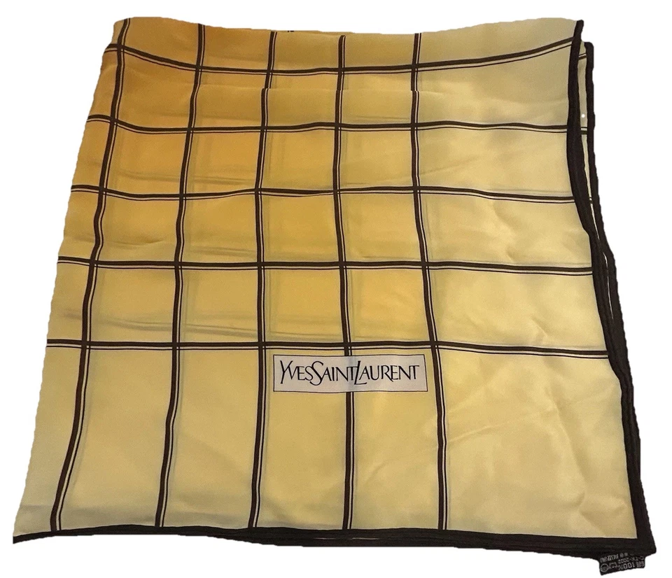 Cachecol de seda retrô Yves Saint Laurent YSL amarelo marrom geométrico 30” LOGOTIPO vintage - Imagem 2 de 4