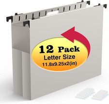 Extra Capacity Plastic Hanging File Folders, 12 Pack, Letter, Grey Letter Size