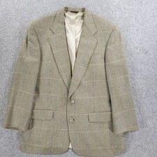 VTG Austin Reed Silk Blazer Mens 42R Cream Blue Windowpane Plaid Notch Collar