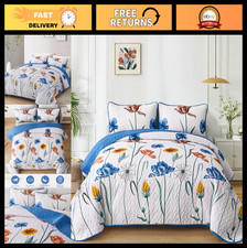 "King Size Blue Floral Quilt Set - Lightweight Botanical Bedspread 2 Pillowcas