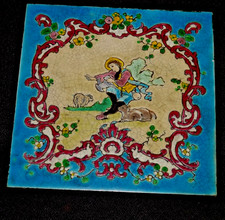 Carreau dessous de plat en faïence émaux de Gien DECOR A LA BERGERE ET MOUTONS