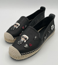 NWOB KARL LAGERFELD Women's Black Espadrilles Michaela Cate Enamel Pins Size 8.5