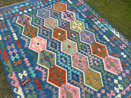 6x8 Blau Bunt Türkisch Geometrisch Wolle Kelim Traditionell Modern Turkmenisch Teppich - Bild 4 von 10