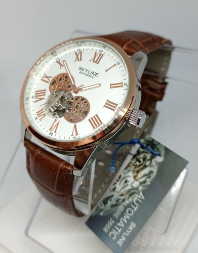 OROLOGIO UOMO AUTOMATICO SKYLINE,VETRO ZAFFIRO,ELEGANTE,ORO ROSA,CINTURINO  PELLE | eBay