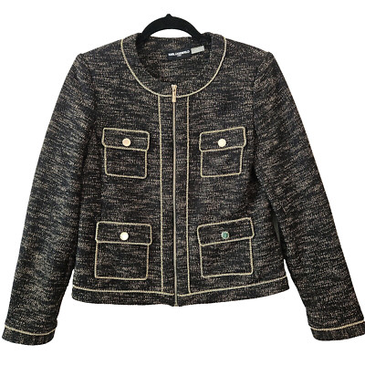 New Karl Lagerfeld Blazer Jacket Fits S Lined Tweed Black Gold Chain Trim Luxury