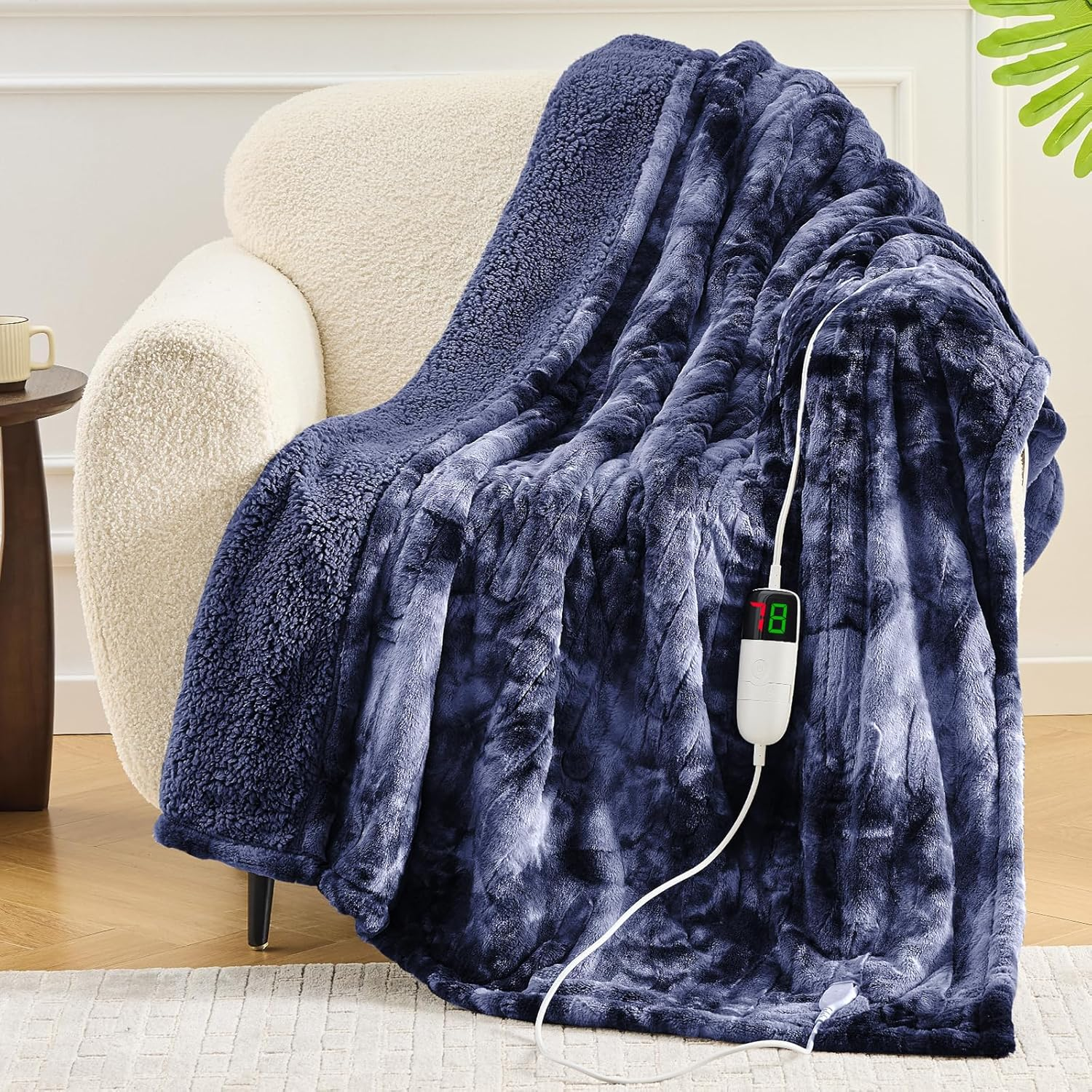 Heated Sherpa Throw Blanket - Fleece Electric Warming Blanket for Couch & Sofa with Faux Fur   