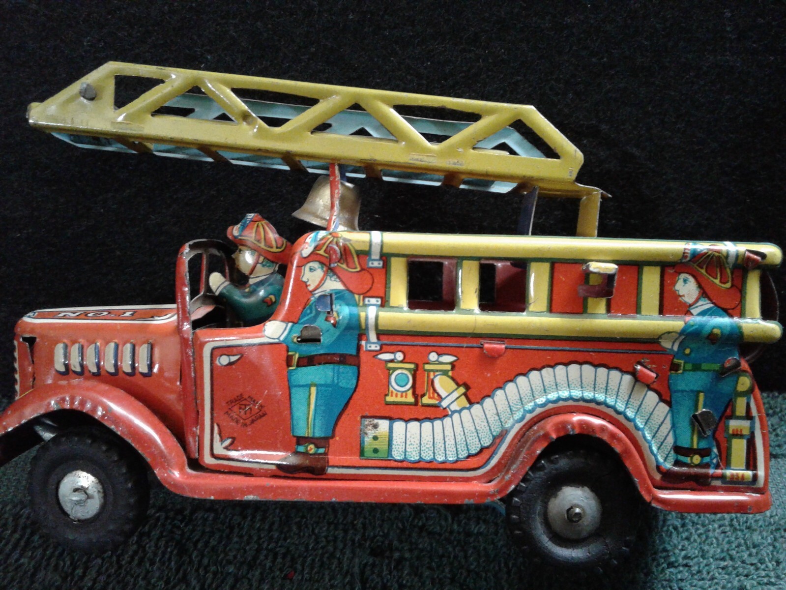 Vintage Tin Litho TM Trade Mark No. 1 Fire Truck w/Ladder & Bell, Japan
