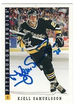 Signed KJELL SAMUELSSON 1993-94 SCORE Pittsburgh Penguins Card #184 COA