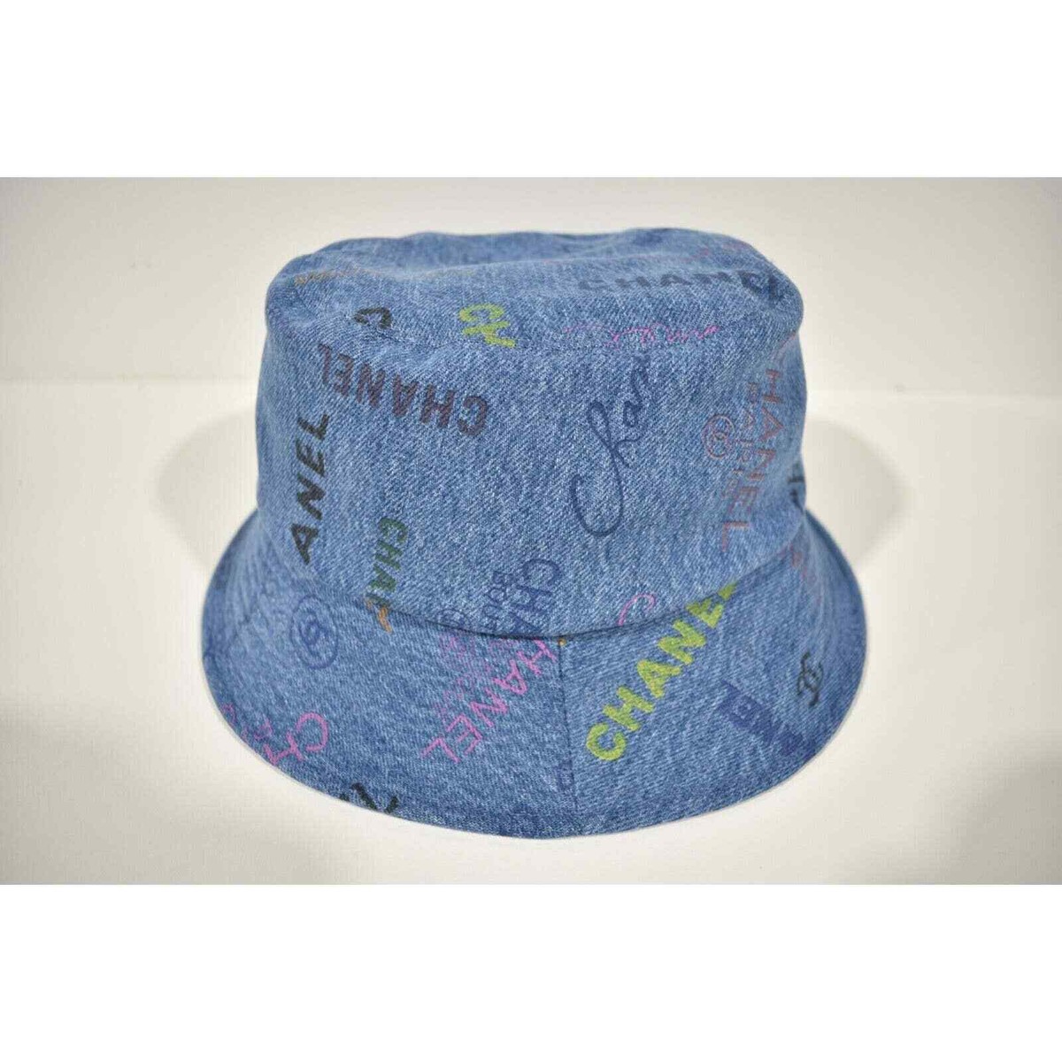 Chanel 22P Blue Black Pink Denim Graffiti CC Logo Sun Cloche