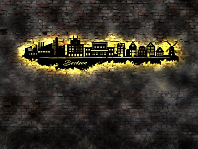 LED Wandbild Holz Skyline Stadt Beckum NRW Silhouette Aufkleber Stadtplan AK