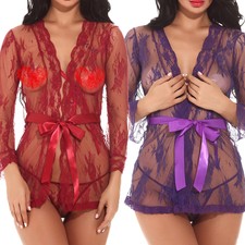 Sexy Lingerie Women Kimono Robe Lace Chemise Teddy Babydoll Nightwear Sleepdress