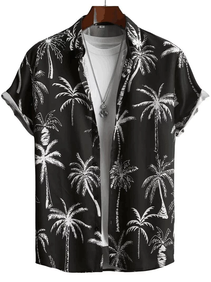 Men Coconut Tree Print Button Down Short Sleeve Shirt Fashion Fit Up Dress Black - Picture 1 of 3
