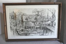 Lionel Barrymore "Harbor Shelter" Carved Wood Framed Under Glass Print 18.5" W