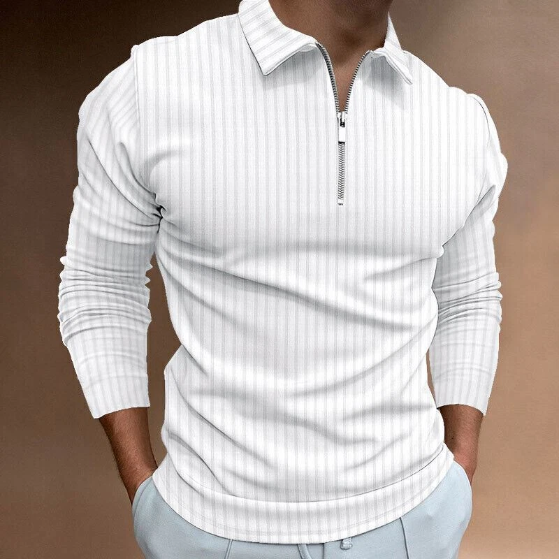 Polo Shirt Men Zipper Collar Long Sleeve Stripe White Golf Zip Sport Classic Fit