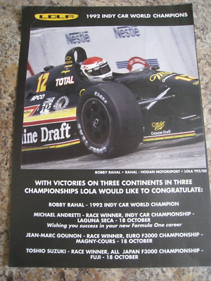 BOBBY RAHAL HOGAN MOTORSPORT LOLA 1992 CHAMPIONS WERBUNG CA. A4 GRÖßE Datei 16