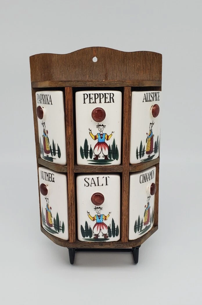 Vintage Wood & Ceramic Spice Rack Paprika Pepper Allspice Nutmeg Salt Cinnamon
