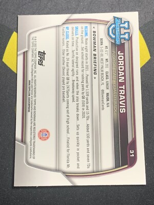 2022 Bowman U Chrome 1st Jordan Travis #31 Florida State Seminoles