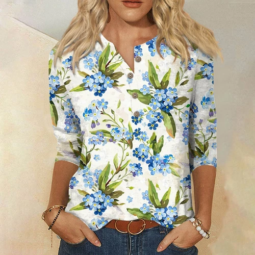 3/4 Length Sleeve Womens Tops Casual Loose Fit V-neck Shirts Floral Tunic Tops - Picture 23 of 51