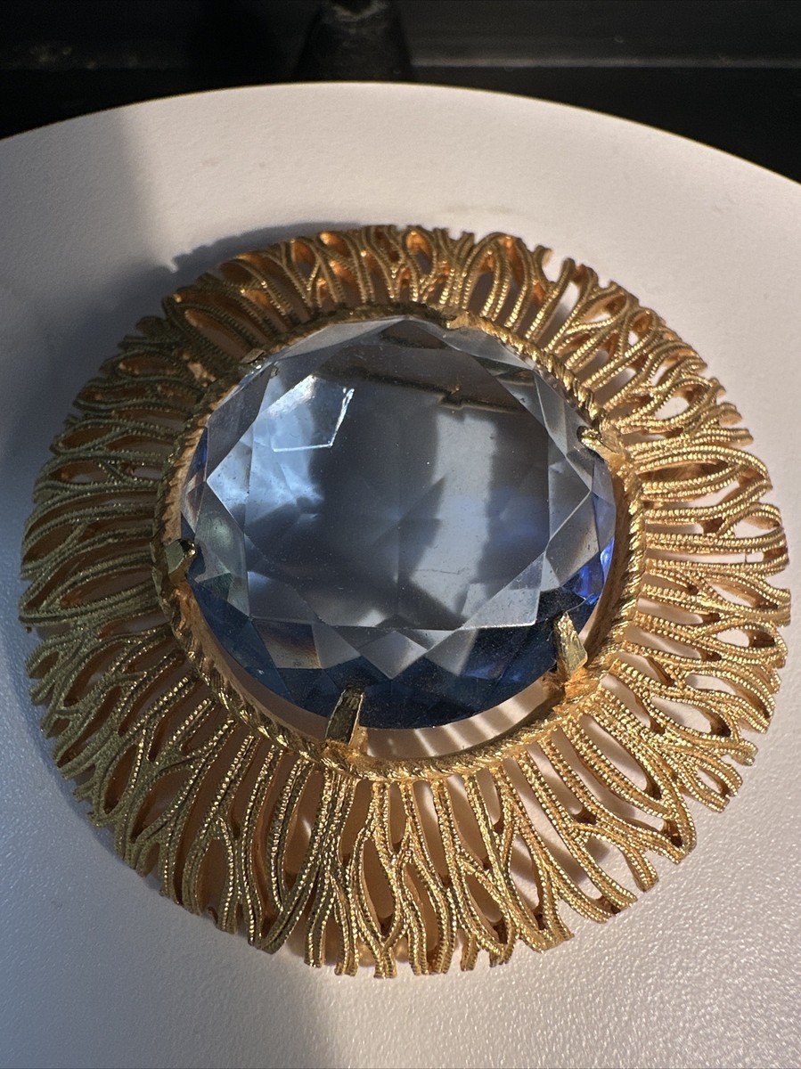 Vin Deep Blue Faceted Glass Brooch Pin & Earrings GoldTone Branch Cut-out Domed View 3