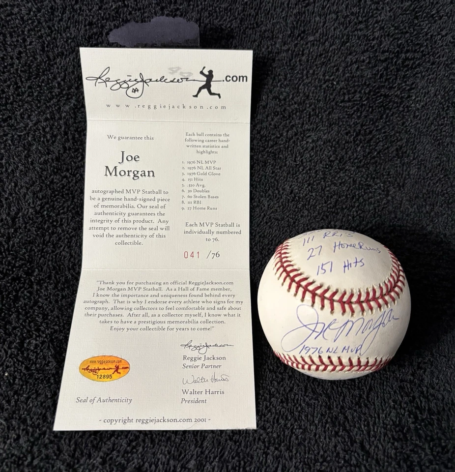 RARO Joe Morgan 1976 Jugador Más Valioso Temporada Firmado OMLB Béisbol EstadBall REGGIE JACKSON CERTIFICADO DE AUTENTICIDAD Foto 2 de 4