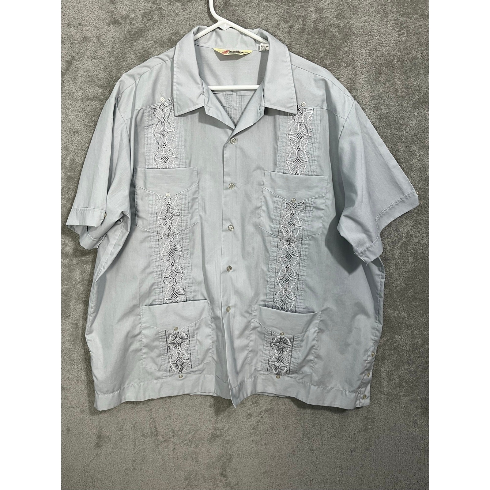 VTG Supreme Guayabera Shirt 2X Blue 4 Pocket Cuban Embroidered Wedding Shirt