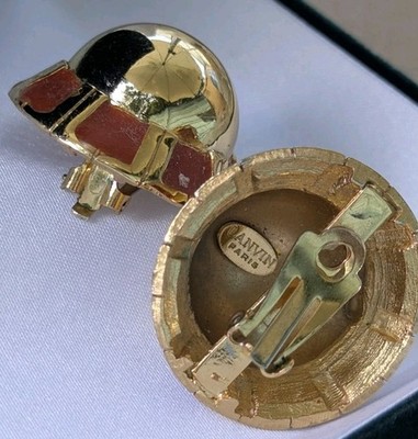 Vintage LANVIN Paris Ohrringe goldfarben rot Emaille Ohrclips signiert Frankreich