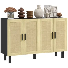 Boho Sideboard Buffet Cabinet, Coffee Bar Cabinet with 4 Rattan Doors and Adj...