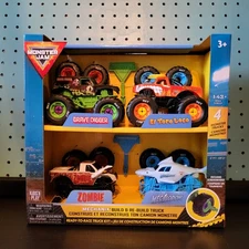 Monster Jam Mechanix 4 Pack Rebuild 1:43 El Toro Grave Digger Zombie Meglodon