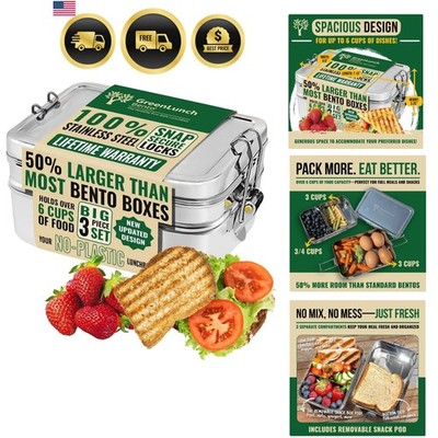 Stackable Stainless Steel Bento Box for Adults, 6 Cup with Snack Pod