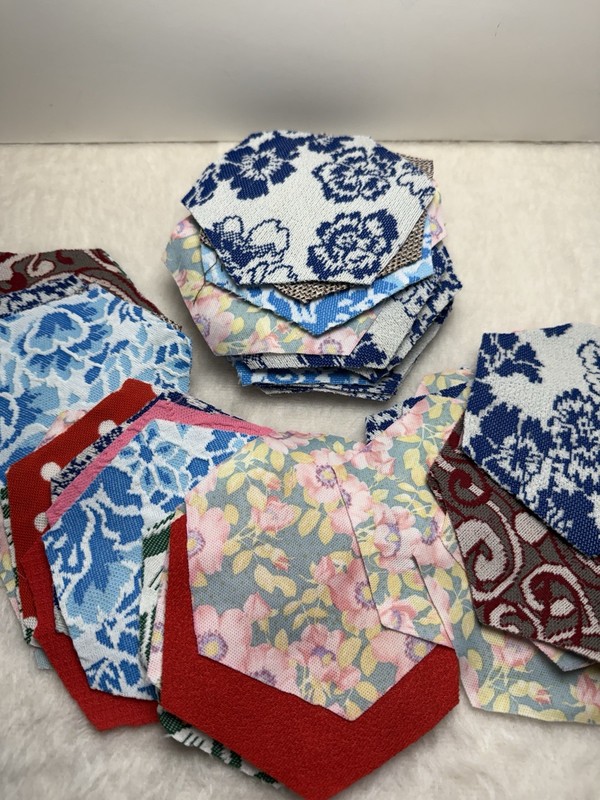 Vintage fabric scraps lot Polyester Hexagon Shape Crafts Quilting Repairs 50+