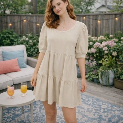 t.la Puff Sleeve Dress Womens Petite Large Cream Tiered Casual Mini Made in USA