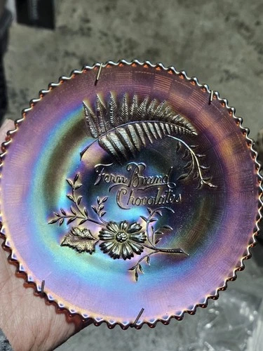 Carnival Glass ADVERTISING NORTHWOOD AMETHYST Fern Brand Chocolates