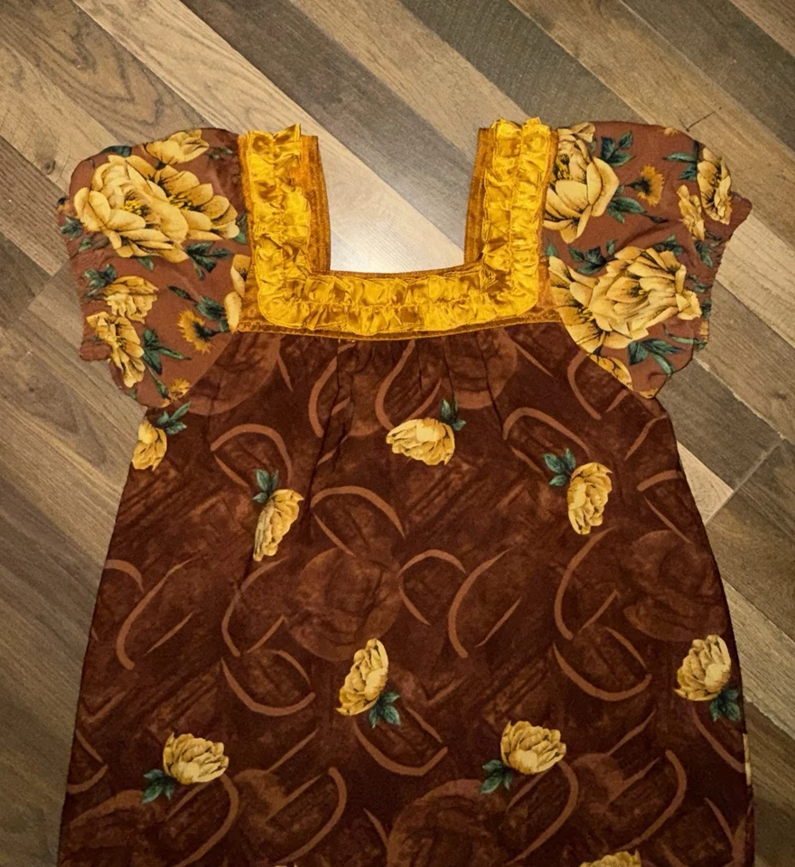 Vintage HAWAIIAN  Floral Dress Yellow Gold Brown Large - Image 2 of 4