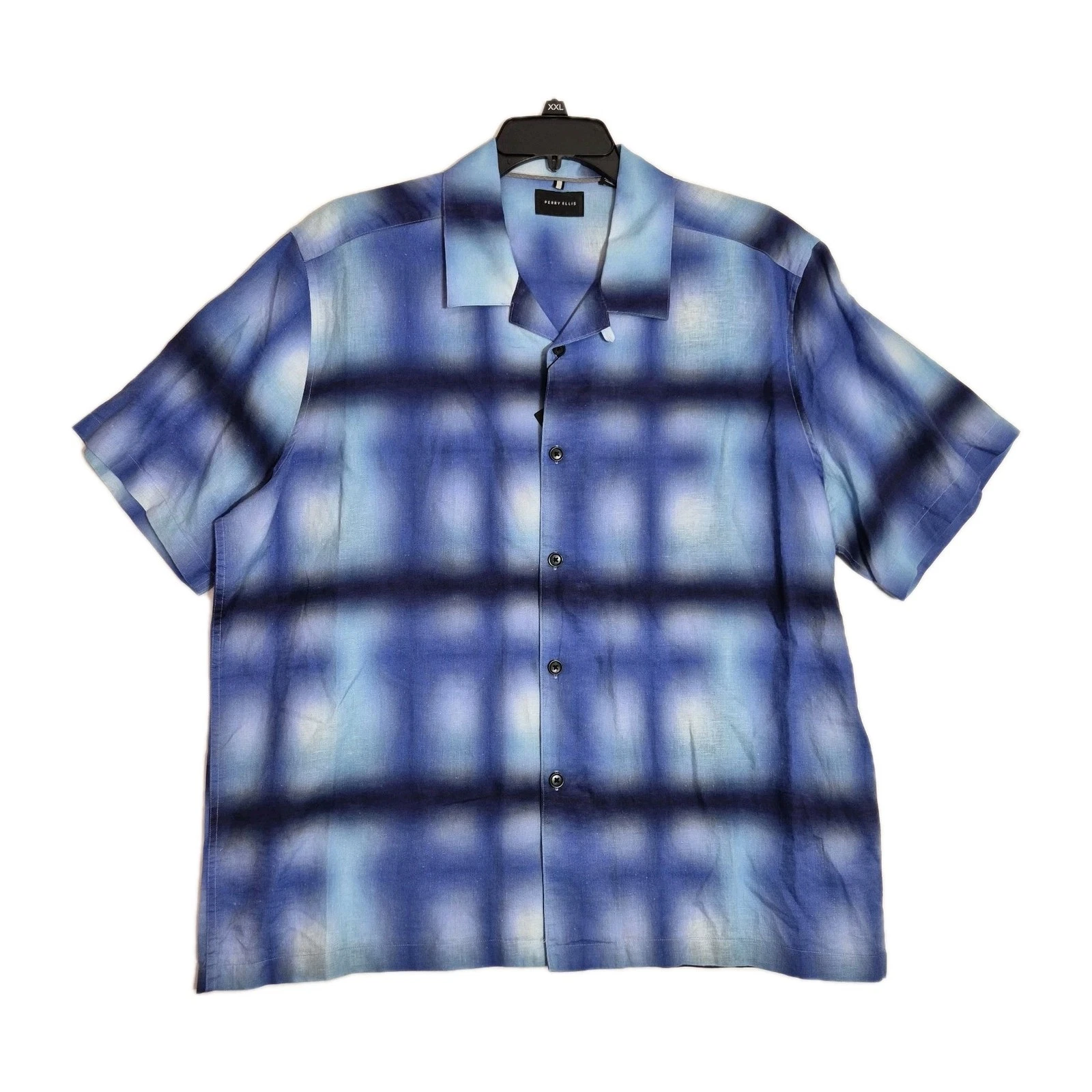 Perry Ellis Men's Shirt Size XXL Blue Tones Short Sleeve Linen Cotton Blend 64