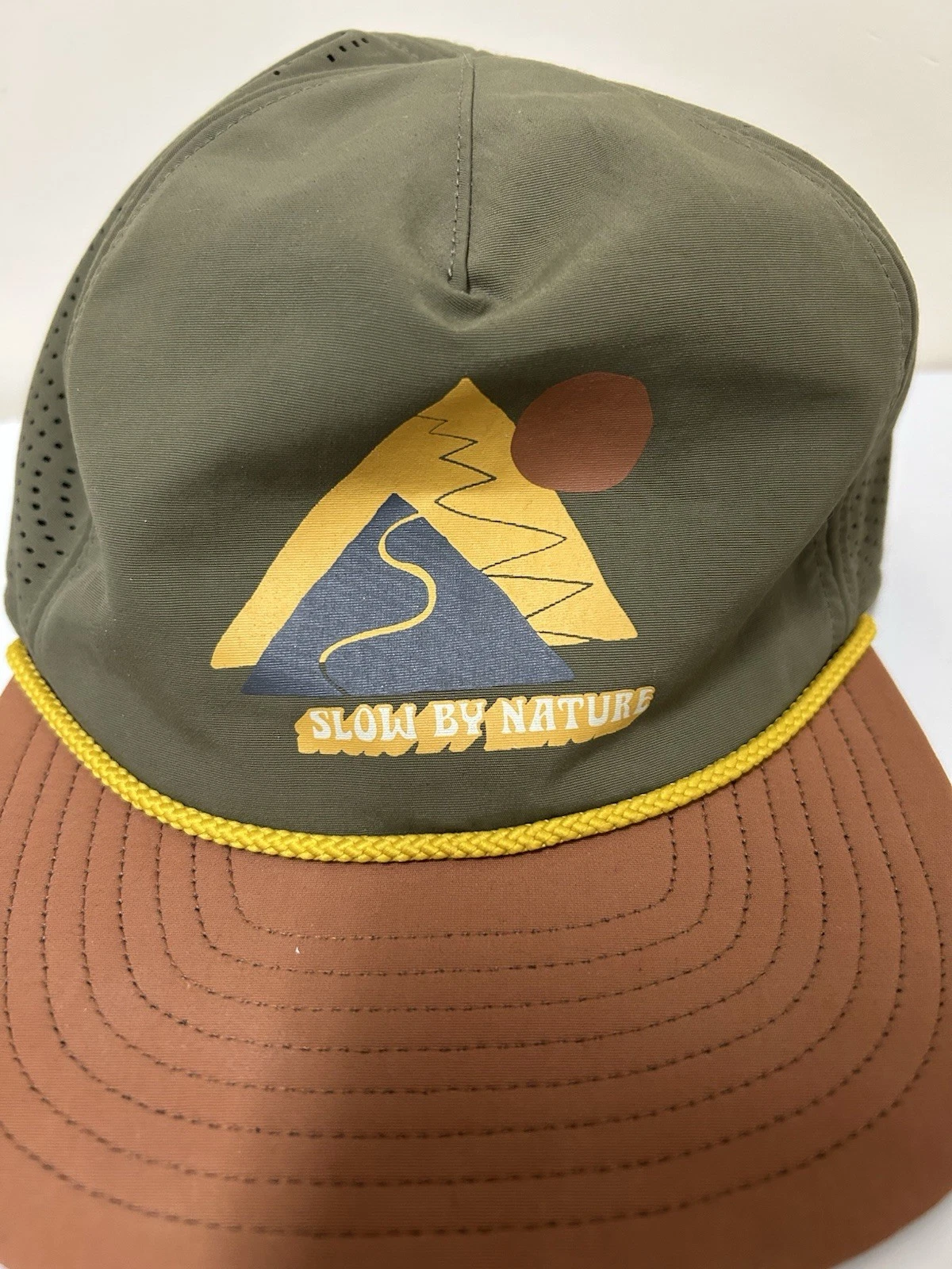 Patagonia Snowfarer Slow By Nature Hat Adjustable Rope Mountains Sun Green Brown