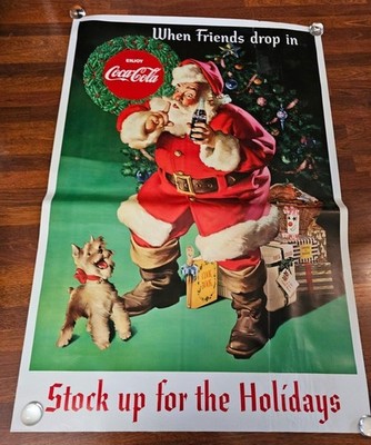 LIFE SIZE VINTAGE COCA COLA 56'' X 38 WHEN FRIENDS DROP IN CHRISTMAS POSTER.