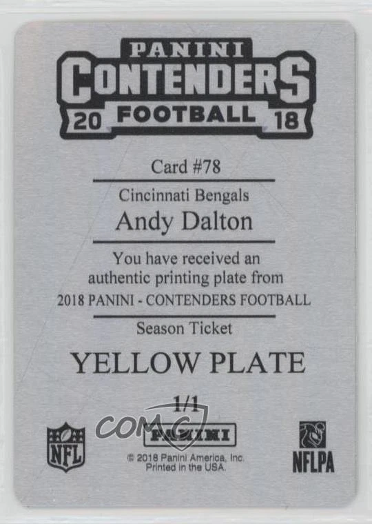 2018 Panini Contenders Printing Plate Yellow 1/1 Andy Dalton #78 vi4 - Image 2 of 3