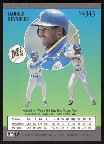1991 Fleer Ultra #343 Harold Reynolds Seattle Mariners - Picture 2 of 2