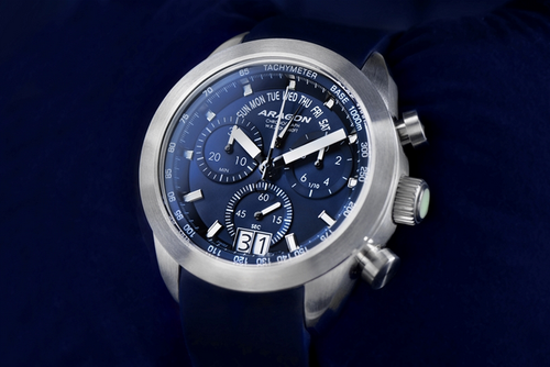 NEW! ARAGON Swiss Chronograph Mens Quartz Watch 44mm BLUE Mult-Function Dial - Picture 2 of 9