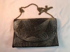 GRAY, SILVER AND GOLD EVENING BAG/CLUTCH WITH GOLD CHAIN SHOULDER STRAP