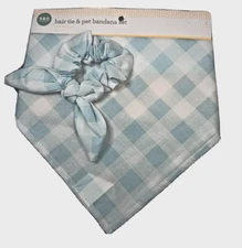 Pet  Dog Blue White Checked Hair Tie and Plaid  Bandana Set Size XS/S New
