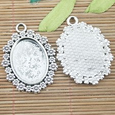 3pc tibetan silver flowers rim oval shaped cabochon settings pendant EF1220