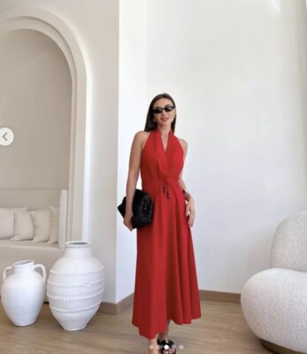 red halter dress zara Berylove Women Halter Formal Dress with Slit A Line Satin Olive Long Wedding  Guest Dress main image 1