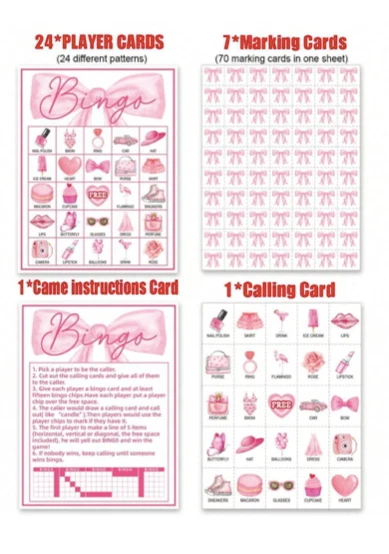 Розовый бант день рождения бинго игры, ярко розовый день рождения вечеринки игры для 24 игроков бинго - Изображение 3 из 4