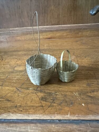 Raro antico coniglio pasquale edoardiano in bronzo con 2 cesti in ottone intrecciato in miniatura - Foto 21 di 24