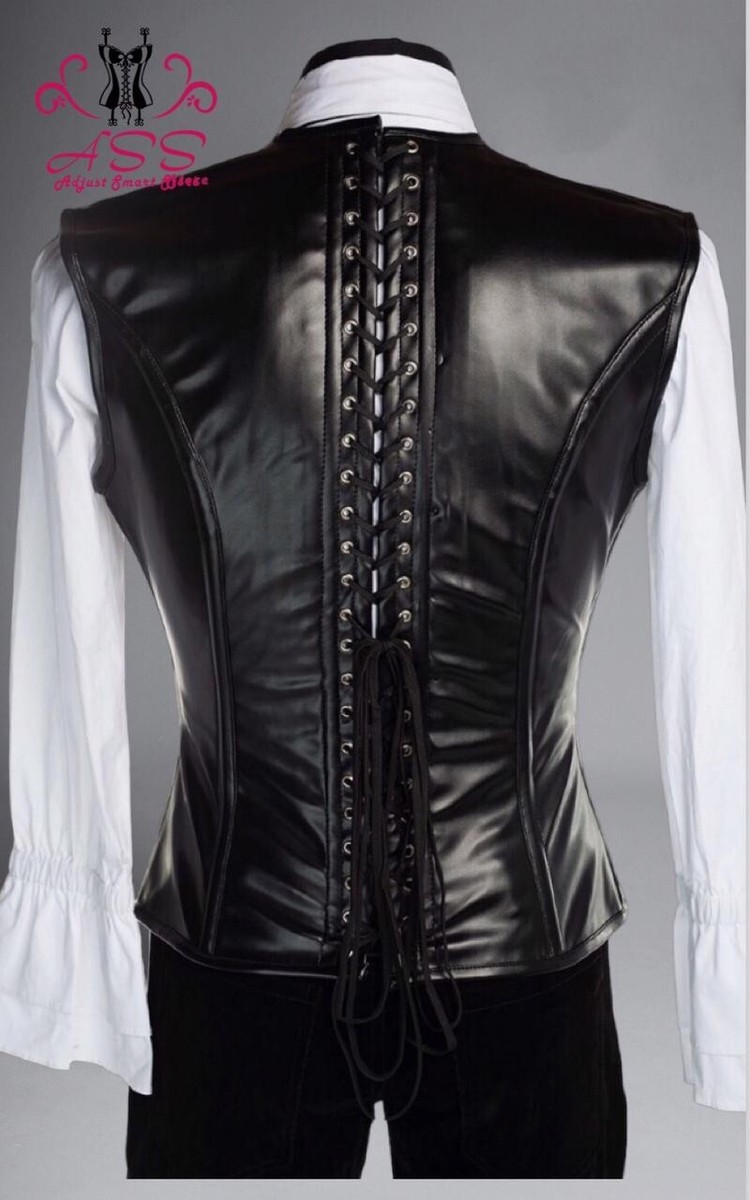 MEN STEAMPUNK CORSET VEST CLASP FAUX LEATHER STEEL BONED  display picture 3