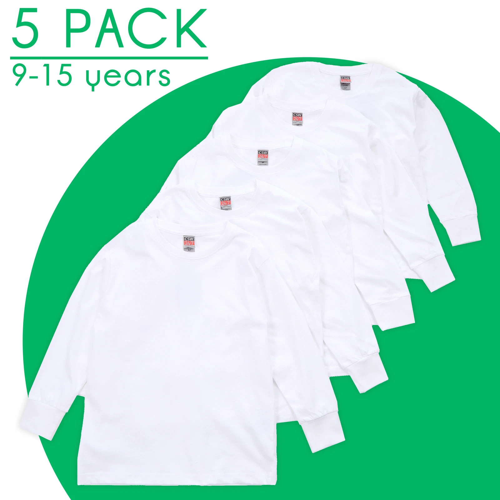 Boys Girls 5 Pack Long Sleeved 100% Cotton T-shirt Multibuy White Top Uniform PE