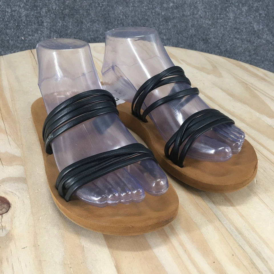 Sandalias Billabong para mujer 6,5 tiras planas punta abierta deslizables cuero sintético negro Foto 3 de 4