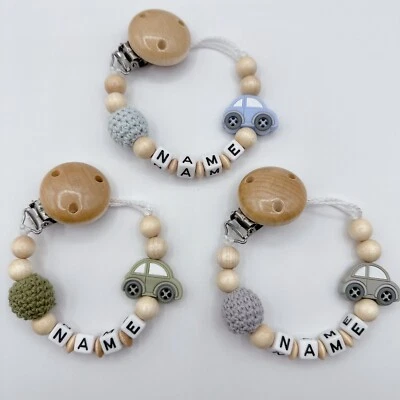 HANDGEFERTIGT Schnullerkette mit Namen Junge Mädchen Geburt Geschenk Nuckelkette Auto